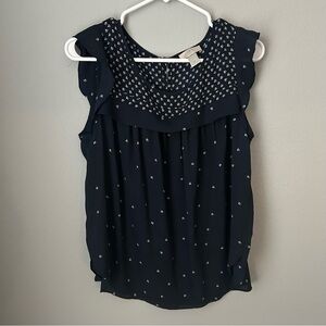 Loft Navy Blue Floral Print Sleeveless Blouse with Smocked Yoke
